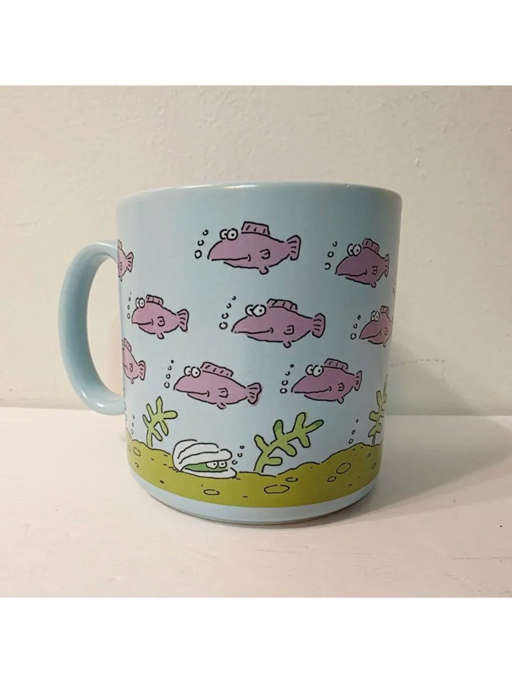 Vtg Novelty American Greetings Get Your Bass In Gear Fish Blue Cup Mug Humor